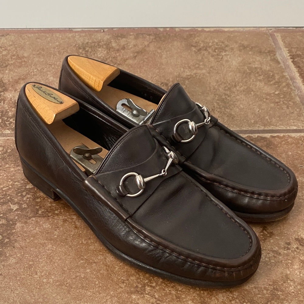 Gucci Dark Brown Leather Loafers with Silver Accents